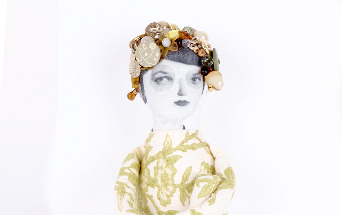 Romantic Lady Doll with Vintage buttons and beads Wearing white floral dress White and pale green- handmade fabric doll