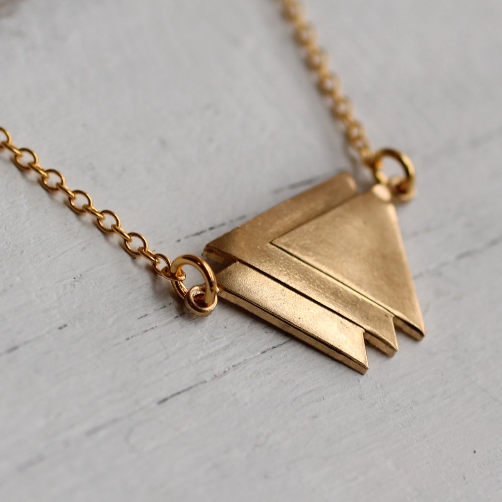 Geometric Triangle Necklace ... Vintage Brass Geometric Shape with Gold Chain