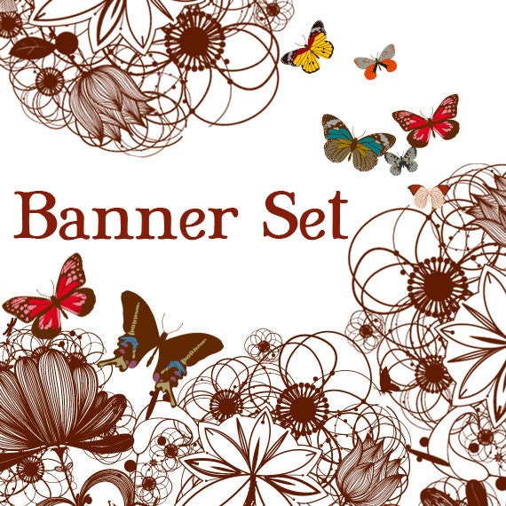 Premade Etsy Shop Banner Avatar Set - brown flower swirls butterfly etsy banner set - no327