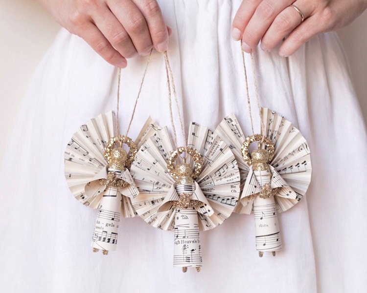 Golden Angels - Handmade Clothespin Doll Ornaments made with Vintage Sheet Music - Set of 3