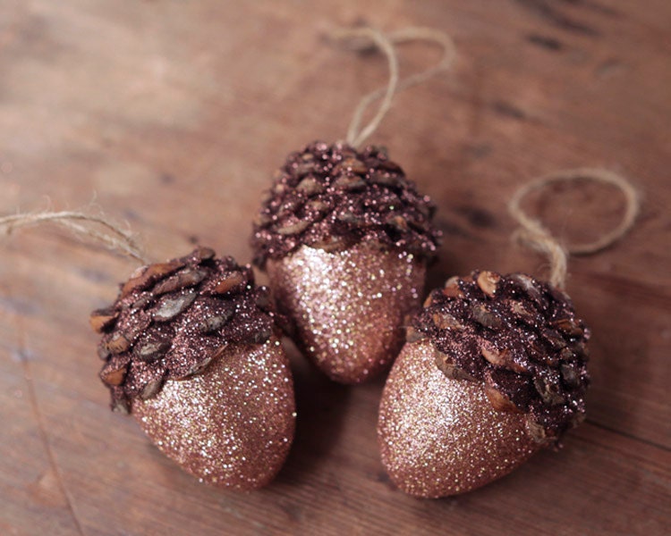 Acorn Ornaments, Rose Gold Shimmer, Rustic Wooodland Decor - Set of 3