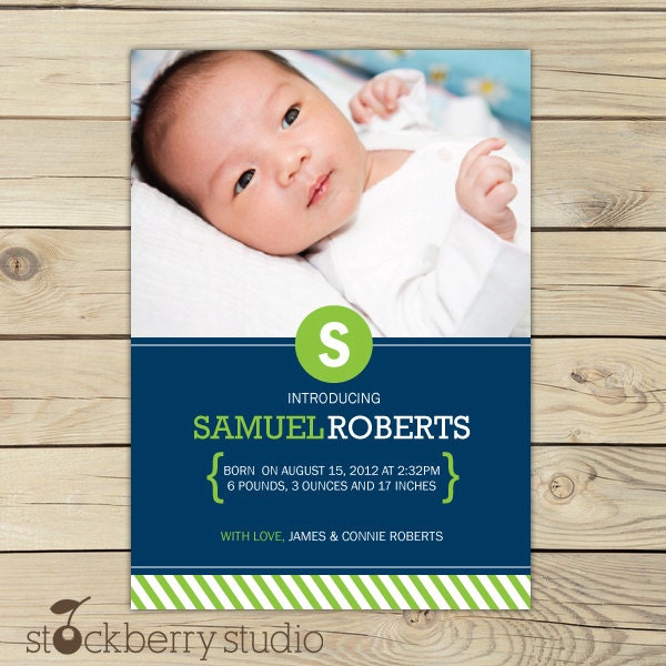 Baby Boy Birth Announcement Photo Card Navy Blue and Green Il_170x135