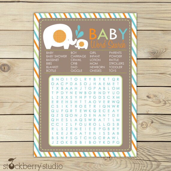 Elephant Baby Shower Orange & Aqua Printable Word Search Game - Instant Download Il_570xn