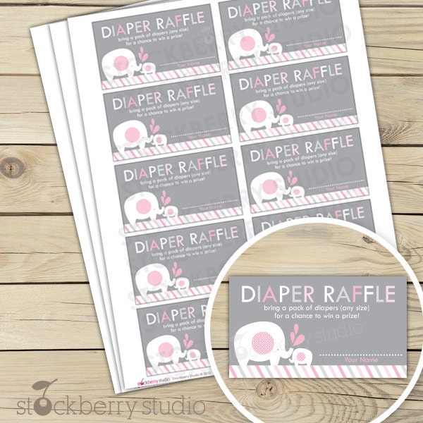 Pink and Gray Elephant Baby Shower Diaper Raffle Tickets - Instant Download