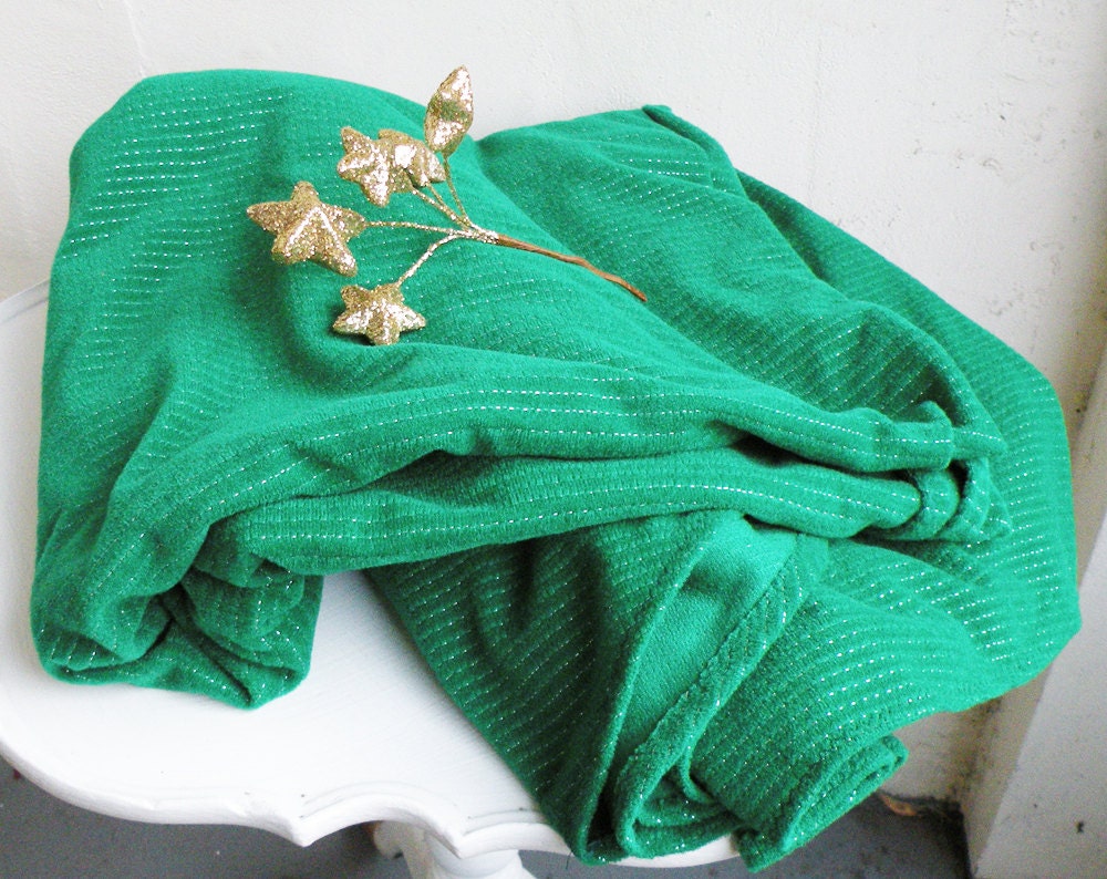 Vintage Plush Green Fabric Yardage Silver Thread Table Cloth Christmas Tree Skirt Rectangular Rounded Corners Vegan Holiday