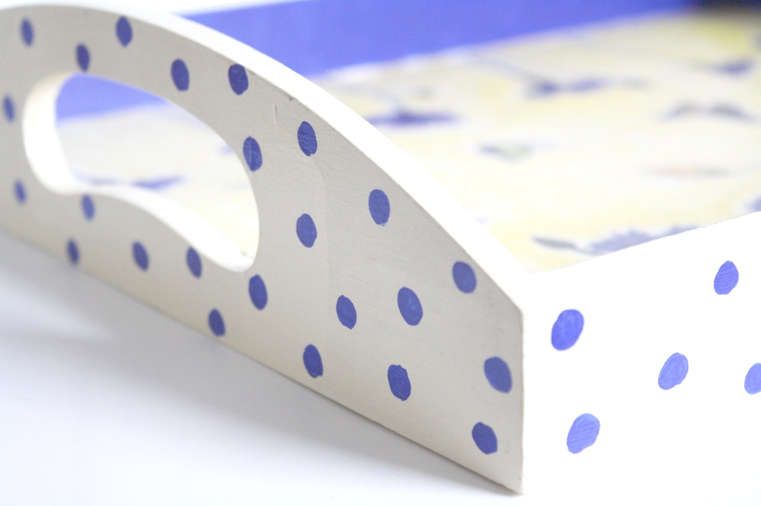 Decoupage blue cornflower serving tray, cobalt and yellow, wood, handmade, home decor, shabby chic, butterflies, polka dot, perfect gift