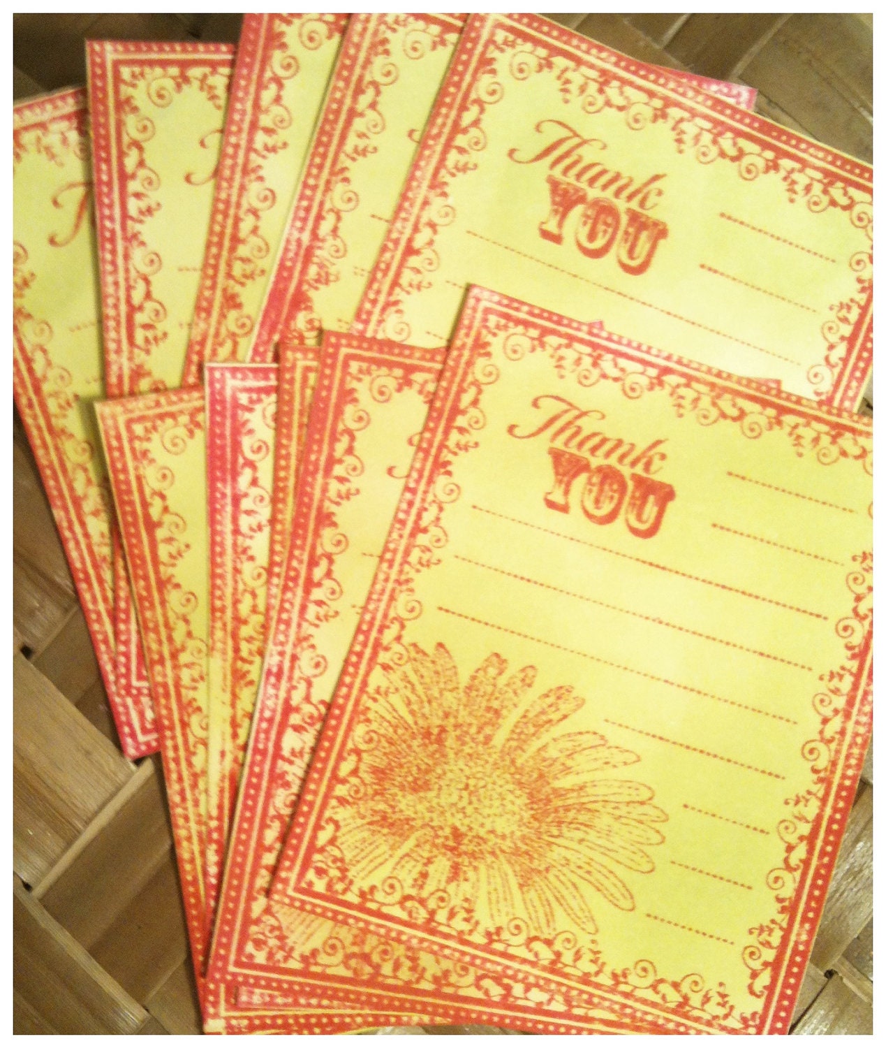 Handmade Thank You Notes Raspberry Pink Apple Green Inked Stamped Retro Distressed Charming Stationery Set of 10