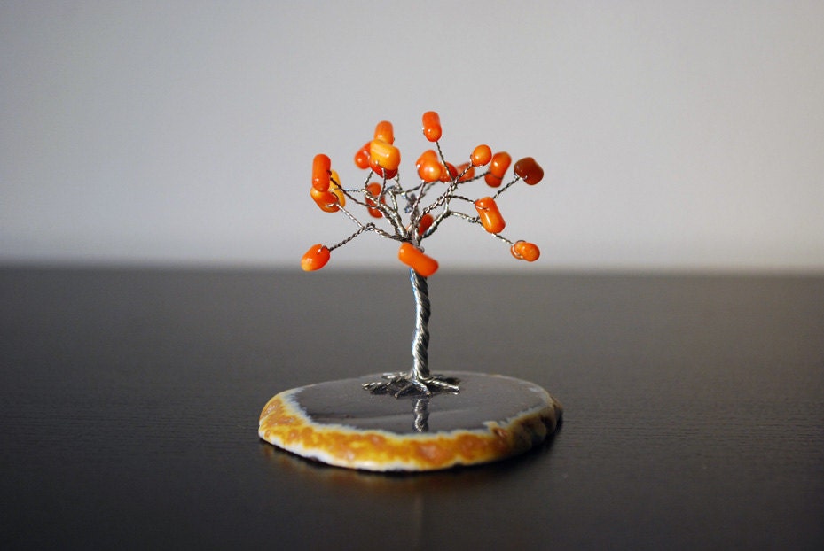 Orange Mystic Coral Gemstones Miniature Wire Tree Sculpture