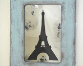 Eiffel Tower Antiqued Mirror Art in Blue and Brown Distressed Frame