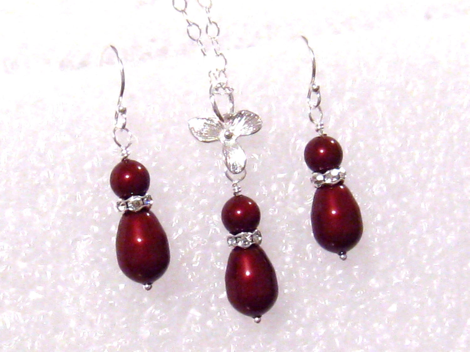 Apple Red Pearl Bridesmaids Jewelry Set, Swarovski Bordeaux Apple Red Pearl Wedding Set, Orchid, Sterling Silver, Red Bridesmaids Gift