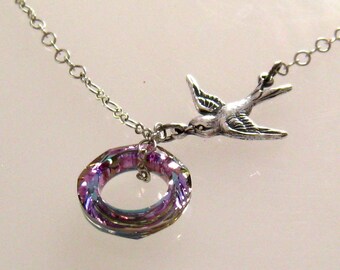Purple Eternity Necklace: Bird, Vitrail Light Purple Swarovski Crystal Eternity Ring Necklace, Purple Art Nourveau Bridesmaids Necklace