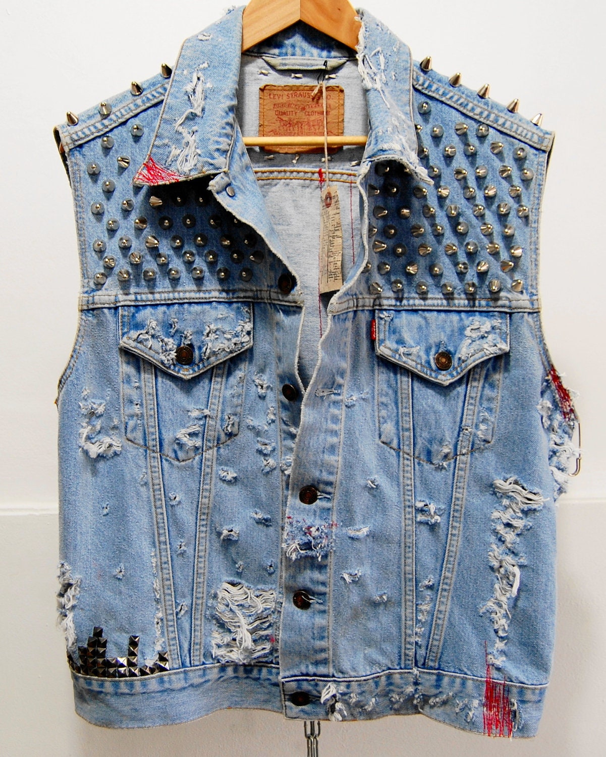 SALE was 250 now 200 dollars Vintage Levis Denim Cut of Vest super distressed with studs and Spikes tie dyed size xl free shipping