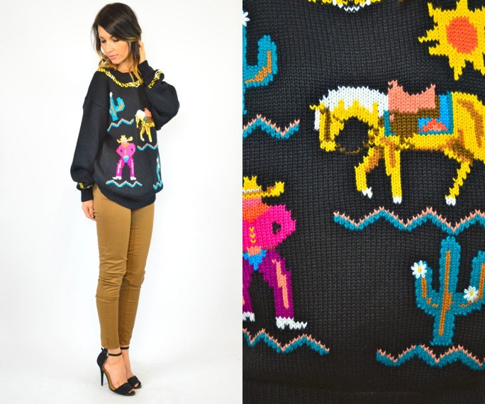 pixelated DESERT black & turquoise rare SOUTHWESTERN cozy sweater JUMPER, extra small-medium