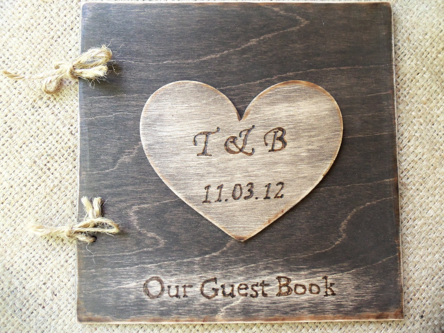 Rustic Wedding Guest Book - Stained Wood Guest Sign-In Book with Large Personalized Heart Stained and Distressed