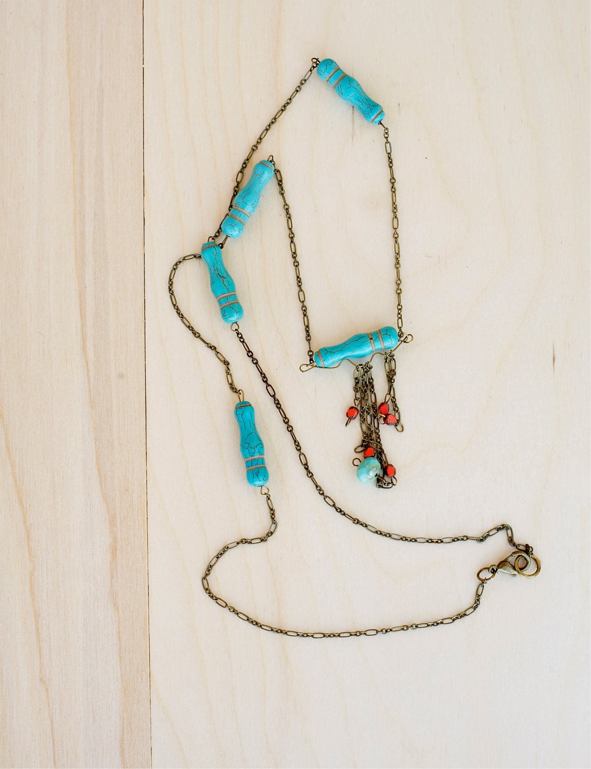 Turquoise Howlite Necklace Fringe OOAK Jewelry Bohemian Ethnic Tribal Statement