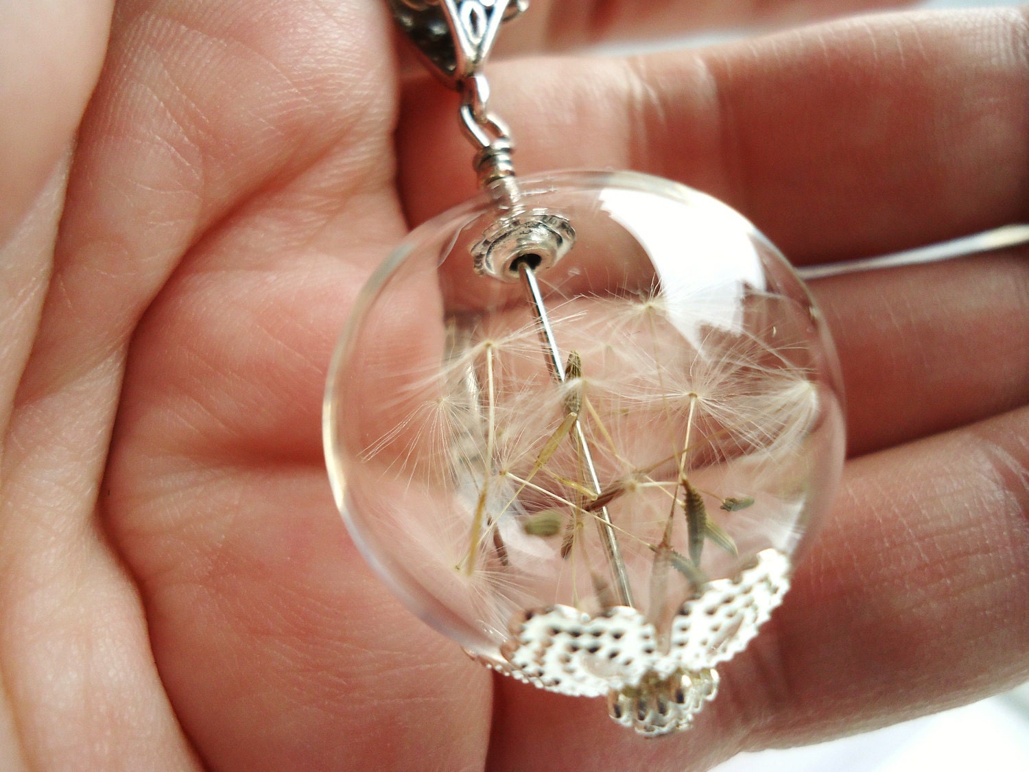 Real Dandelion Seed Glass Orb Necklace In Silver Medium Orb