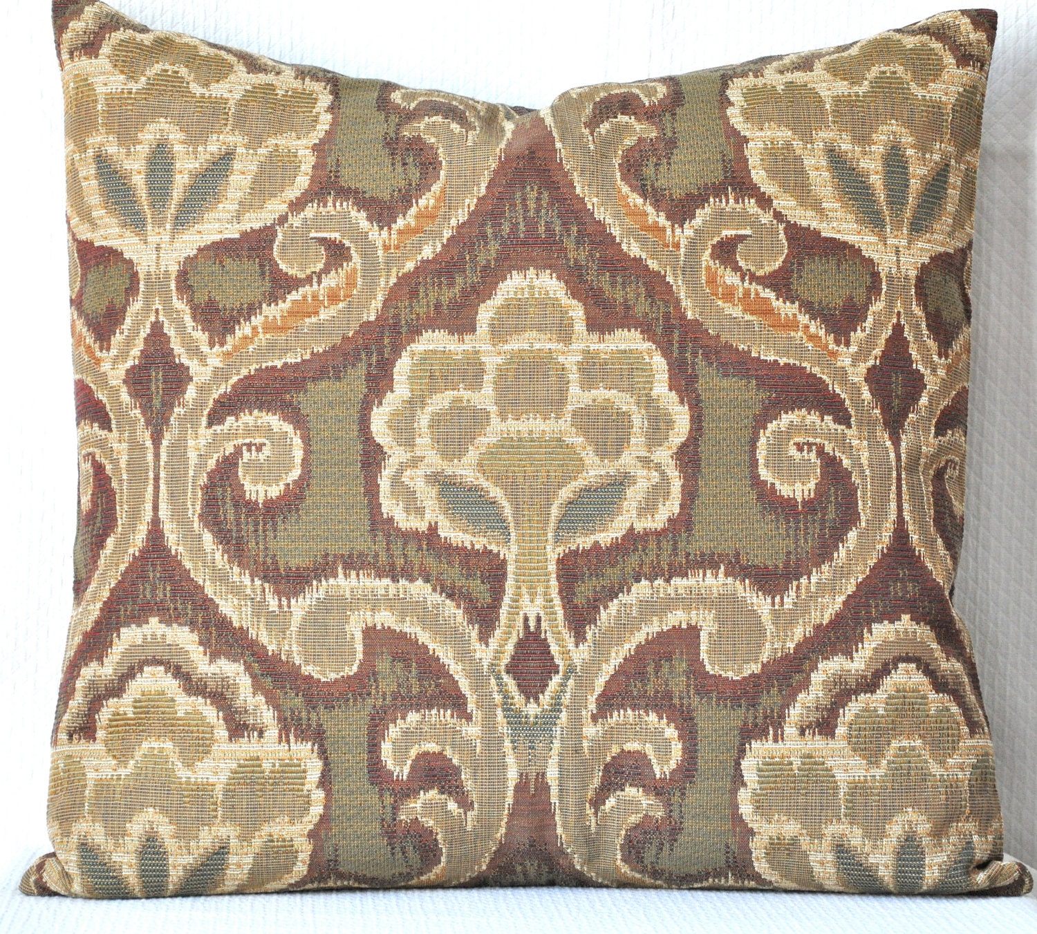 Burgundy, Sage, & Golden Woven Floral Ikat Pillow Cover - 20 x 20