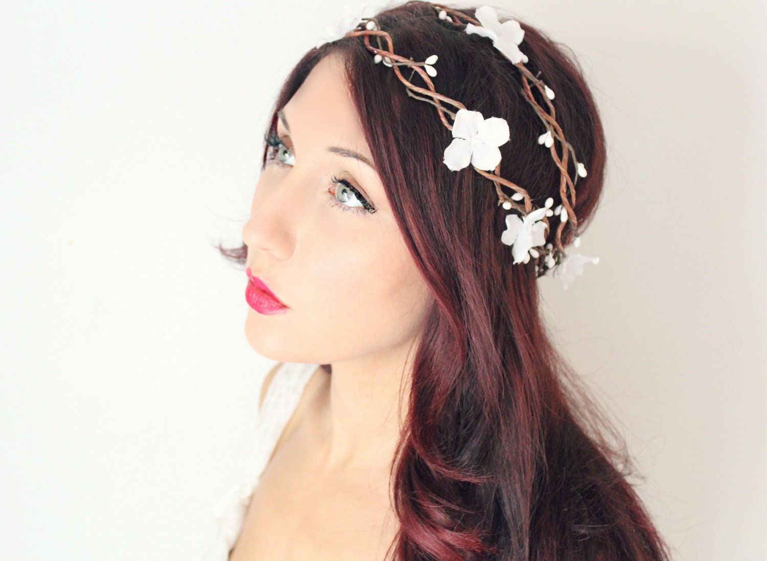 Wedding Flower Crown, Double woven vine, Whimsical Headband, fairy wedding bridal,  white - Isabellea -