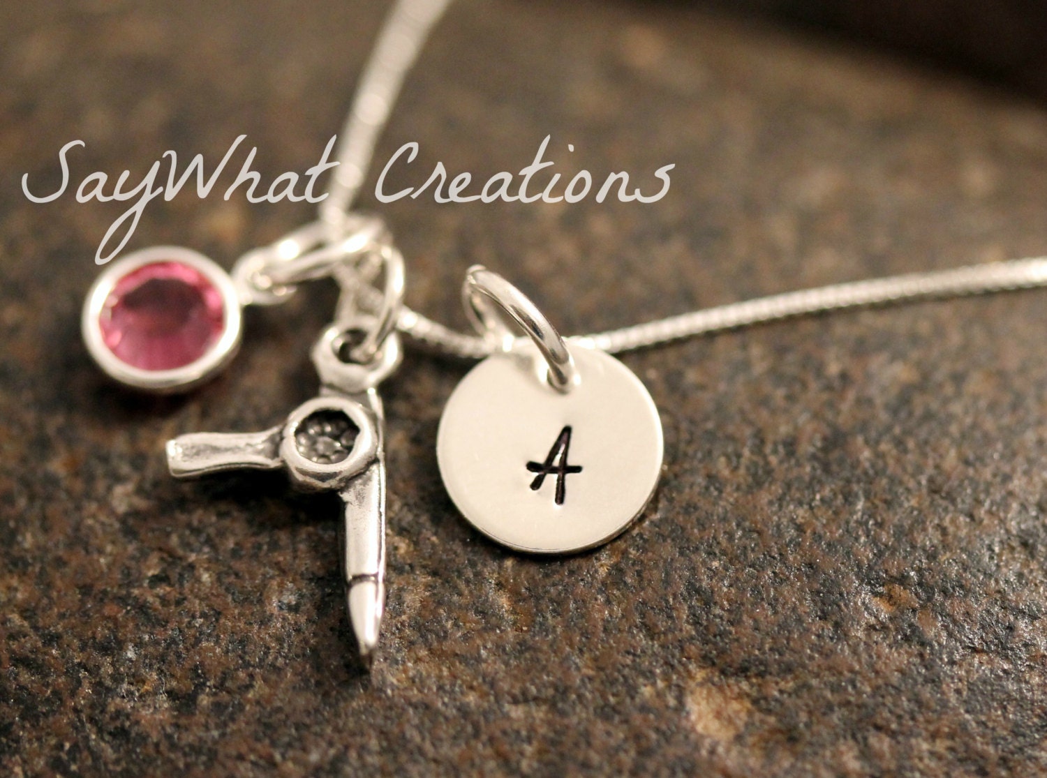 Sterling Silver Mini Initial Charm Necklace with Hairdryer Hairstylist Charm and birthstone
