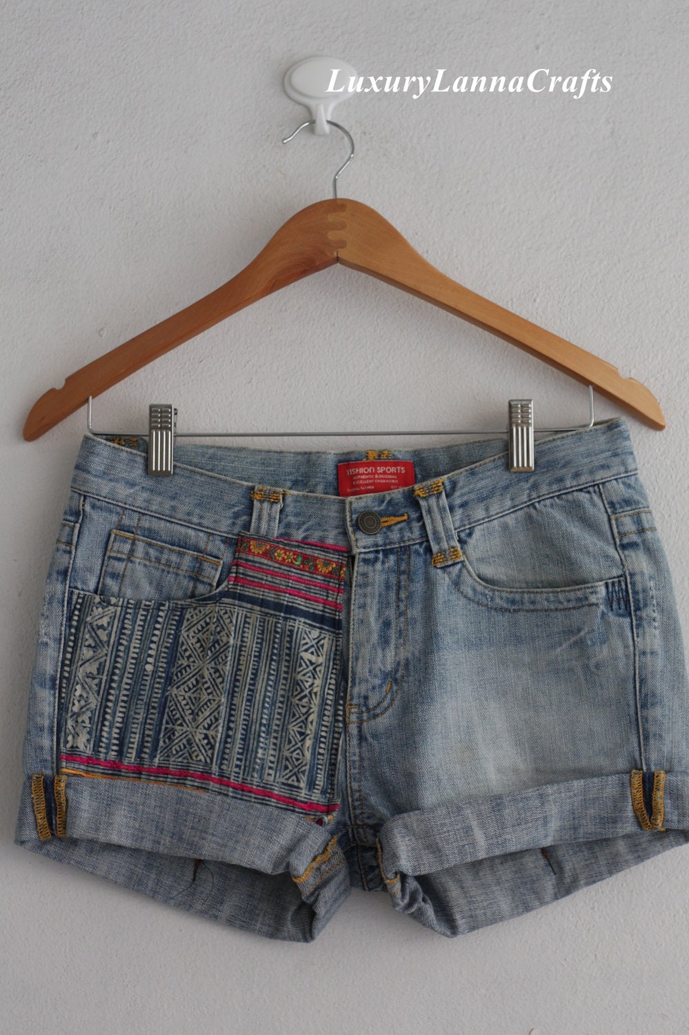 SALE 30% OFF Hmong handmade batik embroidered patch Denim hot pants boho Ethnic chic LS2012-02