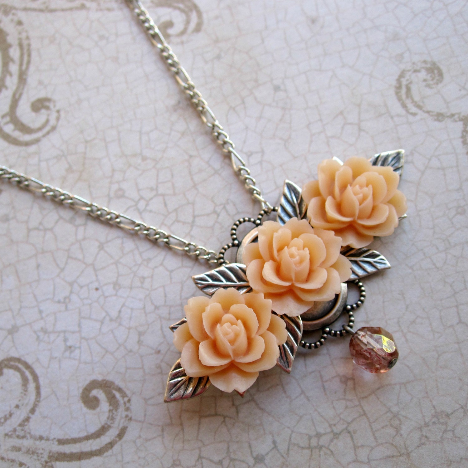 Flower Necklace - Peach - Blush - Bridal Jewelry - Silver Necklace - Romantic - Floral Necklace - Roses