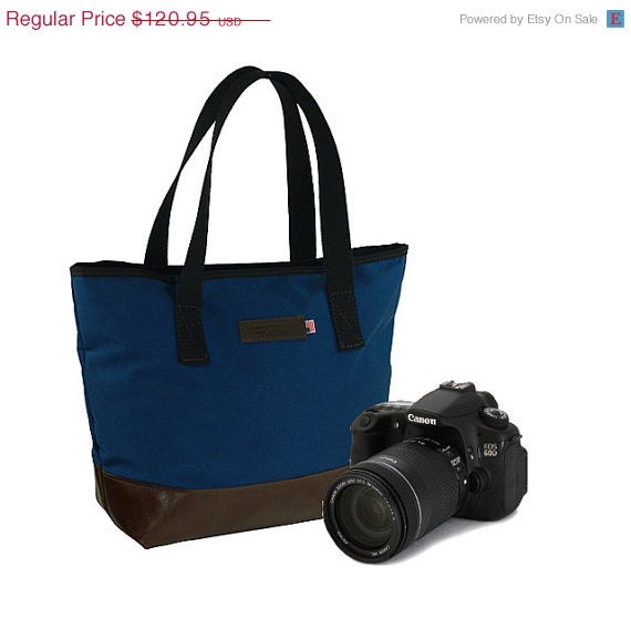 Summer Sale New Tote Camera Bag 19" in  Slate Blue and Italian Caramel - Tuscan Travel Leather Camera Tote Bag - Handmade in the U.S.A.