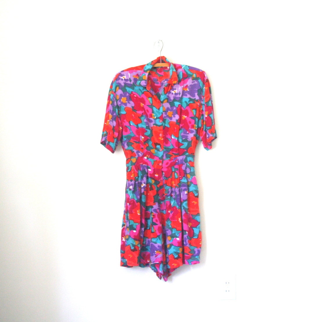 rayon romper - shorts / Summer Brights - splash floral print / vintage 1980's