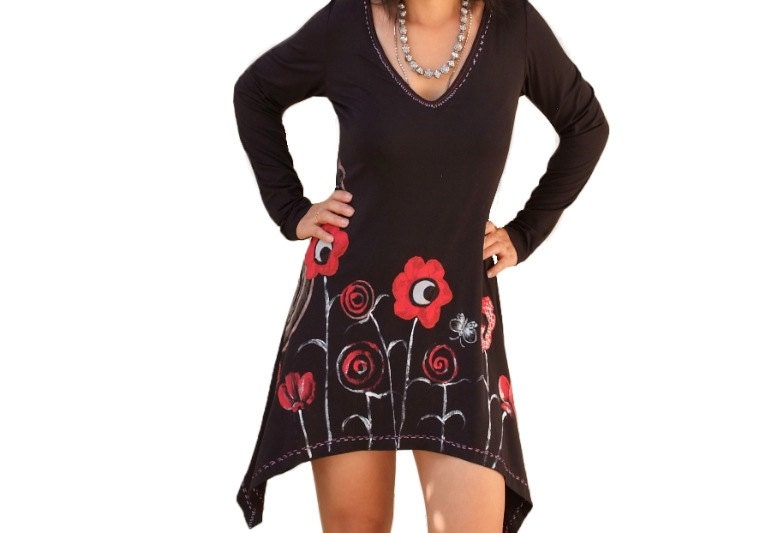 Hand painted women dresses/Black long shirts/ day evevning prom dresses/asymmetric tunics