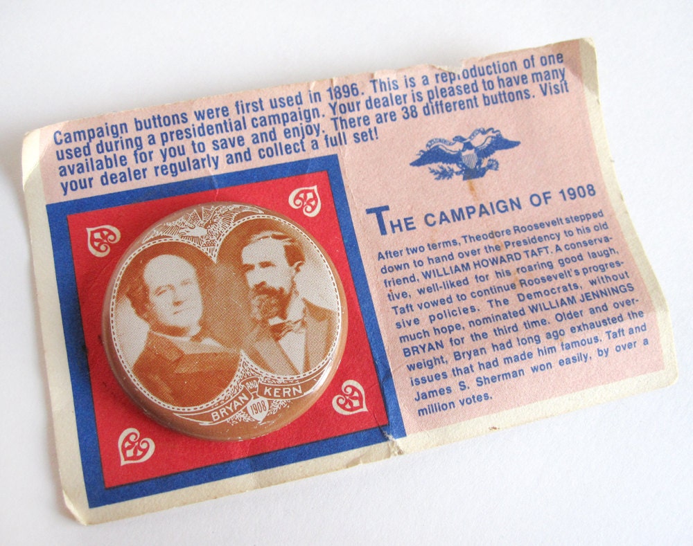 William Jennings Bryan campaign pin-back button, vintage 1972 reproduction of 1908 badge, sepia tone, presidential election