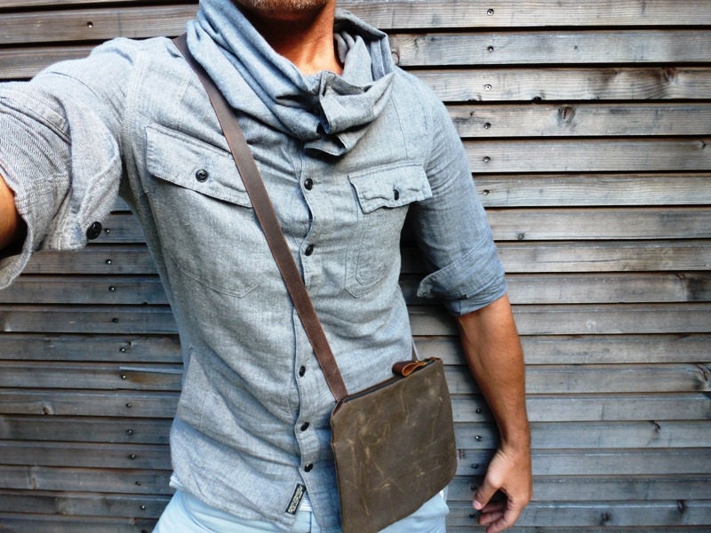 waxed canvas small day bag/satchel in brown(oak) with waxed brown leather adjustable strap
