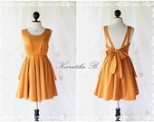 A Party V Shape Style - Cocktail Prom Party Dinner Wedding Night Dress Mustard Yellow Full Lined Deep Back Bow Tie Sexy Charming Looks