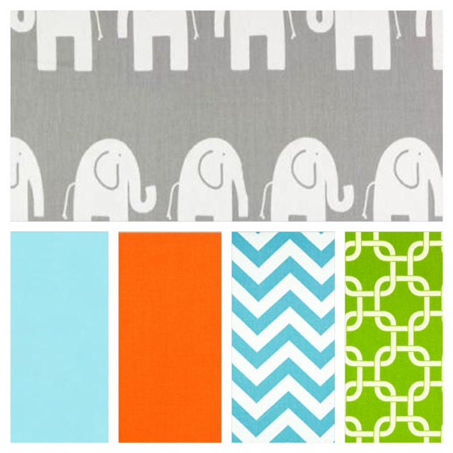 Custom Crib Bedding -Crib Skirt and Bumper, Grey, Aqua, Green and Orange