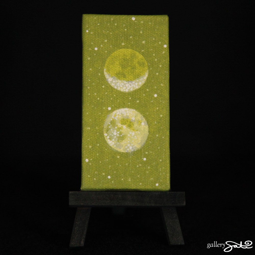 Green Sacred Masculine Moon, 2" x 4" Oil Painting, Comes with mini black easel and magnet strips on back