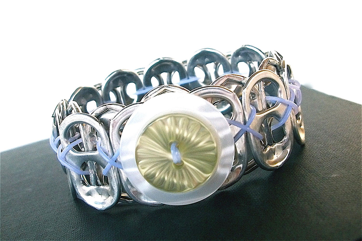 Button and Soda Tab Bracelet - Sage Green and Lavender - for girls, teens, and women - upcycled/eco-friendly - gifts under 10.00