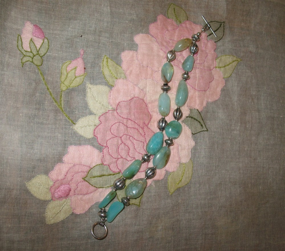 Peruvian Opal Bracelet, double strand with sterling silver