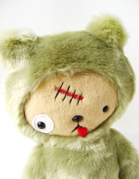Kawaii ZOMBIE Teddy Bear Plushie in Green Faux Beaver Fur Large ZOMBEAR Limited Quanity
