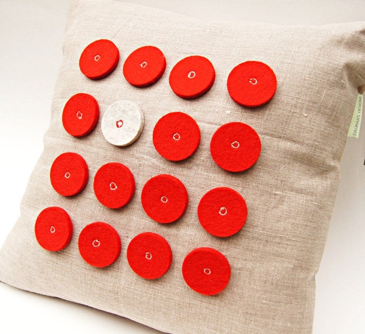 Orange Wool Circles Organic Linen Modern Pillow Cover/ Decorative Pillow/ 14"x14"/ OOAK/ Made To Order/ Limited Edition