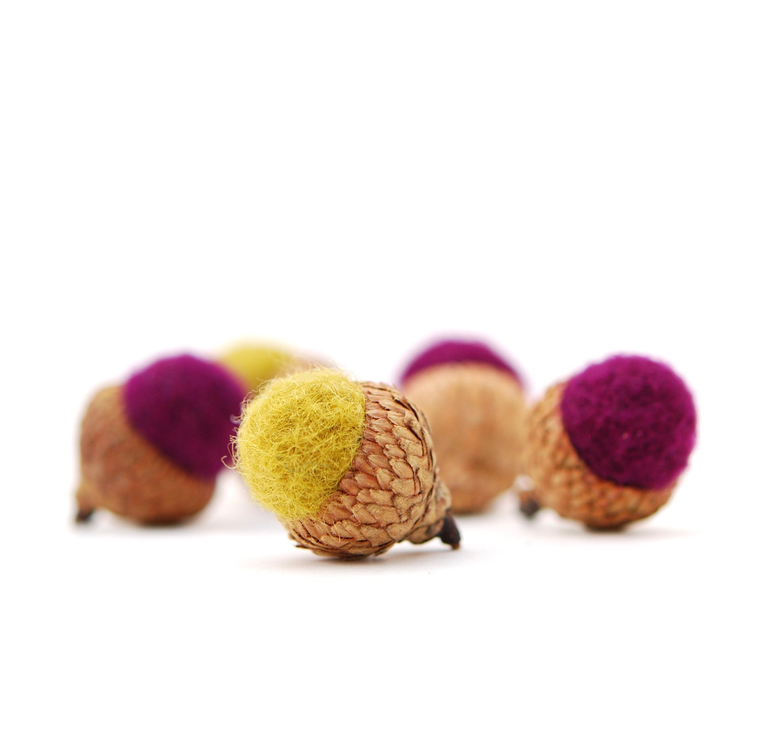 Felted Acorns, plum chartreuse autumn fall thanksgiving nature woodland decor ecofriendly