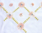 Vintage Embroidered Tablecloth - Autumn Orange Daisies on Cotton with Chartreuse Lattice and Variegated Crochet Border