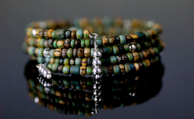 Beaded memory wire bracelet with Czech glass, silver filled, and crystal beads