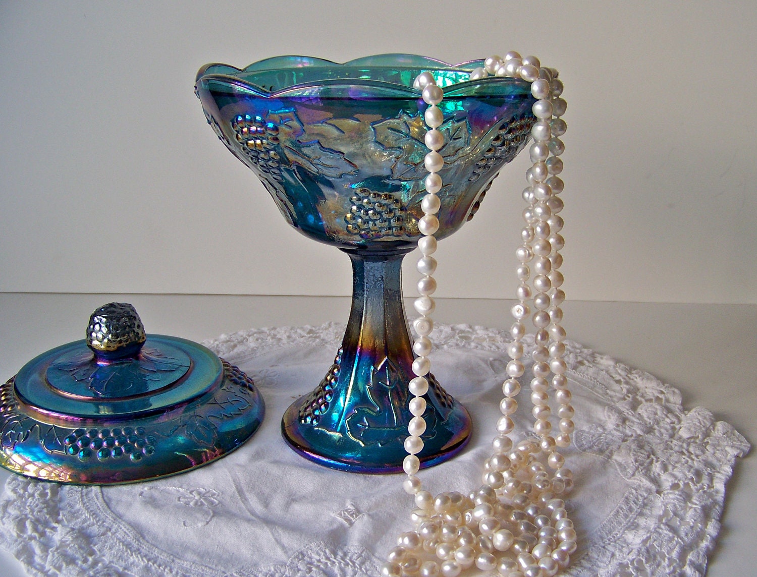 Vintage Blue Carnival Glass Compote Pedestal Bowl