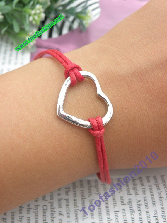 SALE - retro silver heart shape with red wax rope chain bracelet pendant jewelry vintage style