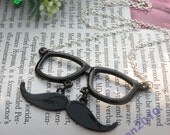 Pretty retro silver black glasses with beard necklace pendant jewelry punk style