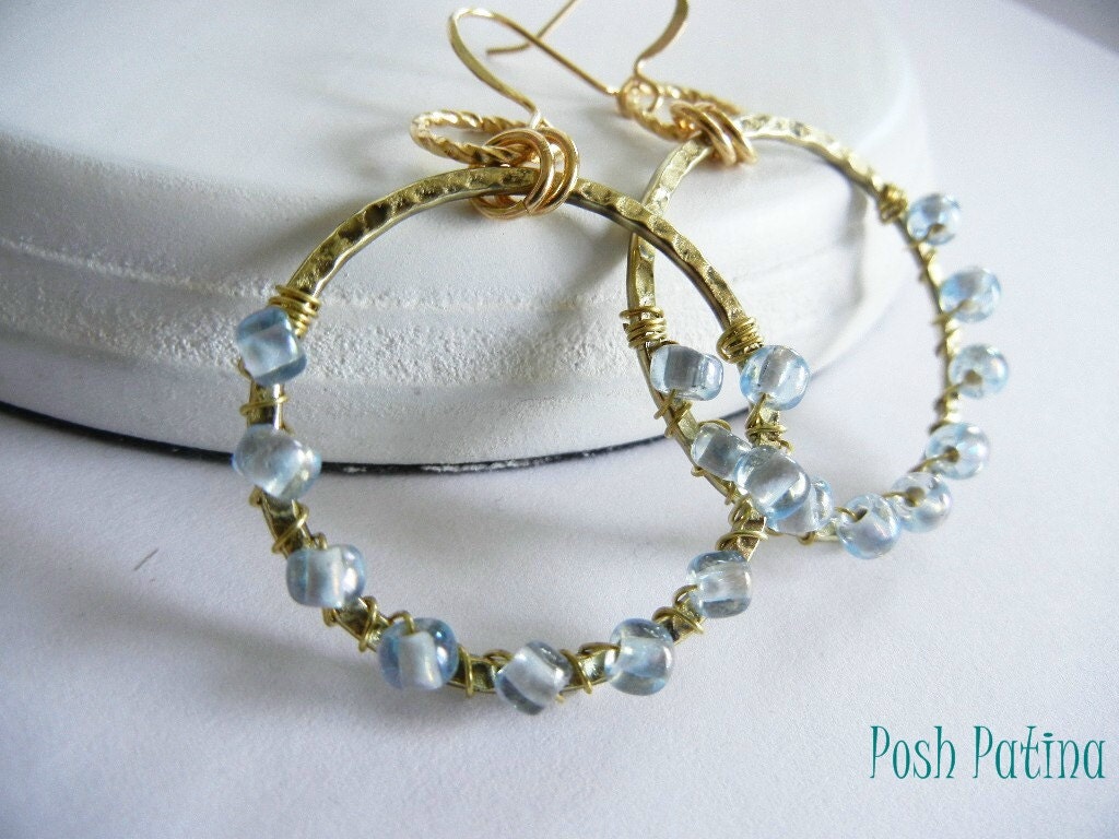 Blue and Gold Earrings, Hoop, Beaded, Hollywood Glam, Light Blue, Gift for Her