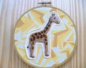 Giraffe Embroidered Hoop - Yellow, Print, Wall Art, Nursery, Kid's Room Handmade Home Decor, Unique Accent