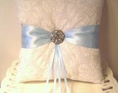 White Damask and Light Blue Ring Pillow