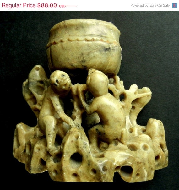 50% SALE Vintage Soapstone STATUE with MONKEYS holding up a small bowl.......Signed China  /  3 1/2" H  // mc10