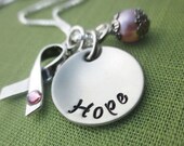 Breast Cancer Awareness Necklace - Sterling Silver - Pink Ribbon Charm - Hand Stamped Awareness Jewelry - Hope Courage Strength