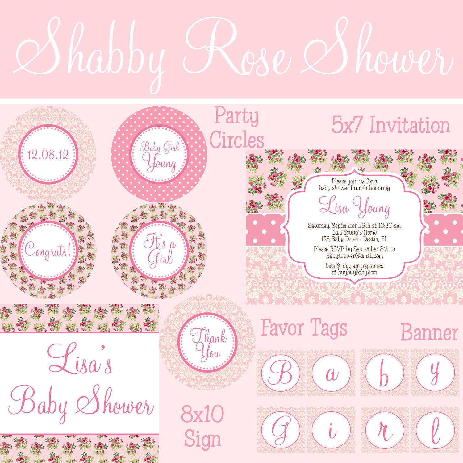 Shabby Vintage Pink Rose Damask Girl Baby Shower Party Package - PRINTABLE Il_170x135