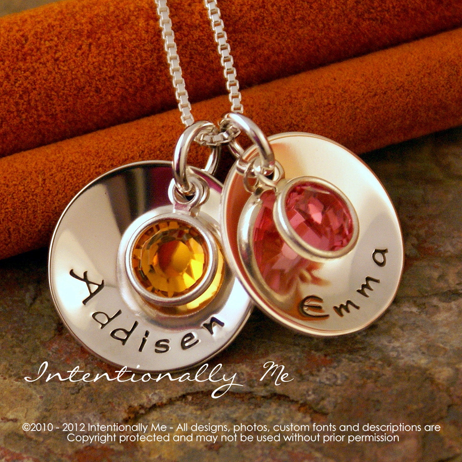 Hand Stamped Mommy Necklace- Personalized Jewelry - Sterling Silver Necklace - Domed Name Tag Duet with Birthstones (two cups)